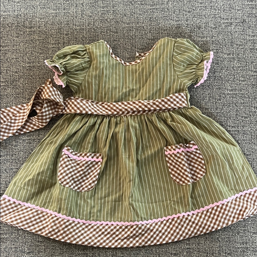 Girls' Olive Green Striped Casual Dress with Brown Gingham Accents